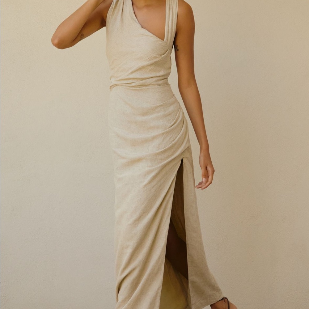 Anthropologie Cream Ruched One Shoulder Gown